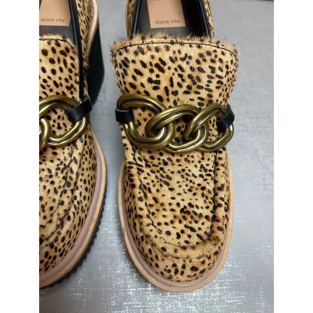 Dolce Vita Brenan Leopard Calf Hair Platform Wedge Loafers Gold Chain Size 8